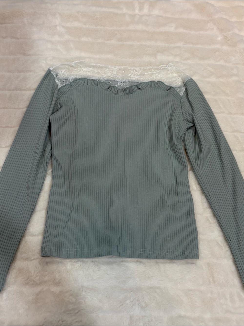 Vintage Sage Green Ribbed Long-Sleeve Top with White Lace Trim